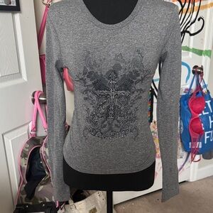 Embellished Gray Long Sleeve Women's Top Y2K